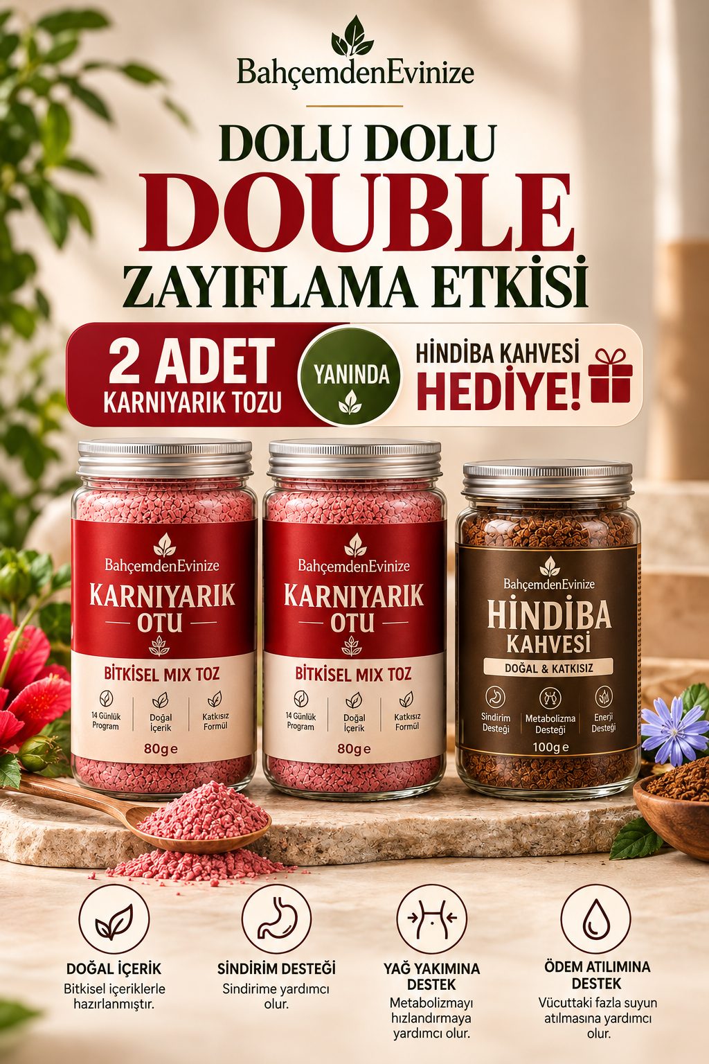 ORGANİK ÇİLEKLİ KARNIYARIK OTU TOZU[x2] + HİNDİBA KAHVESİ